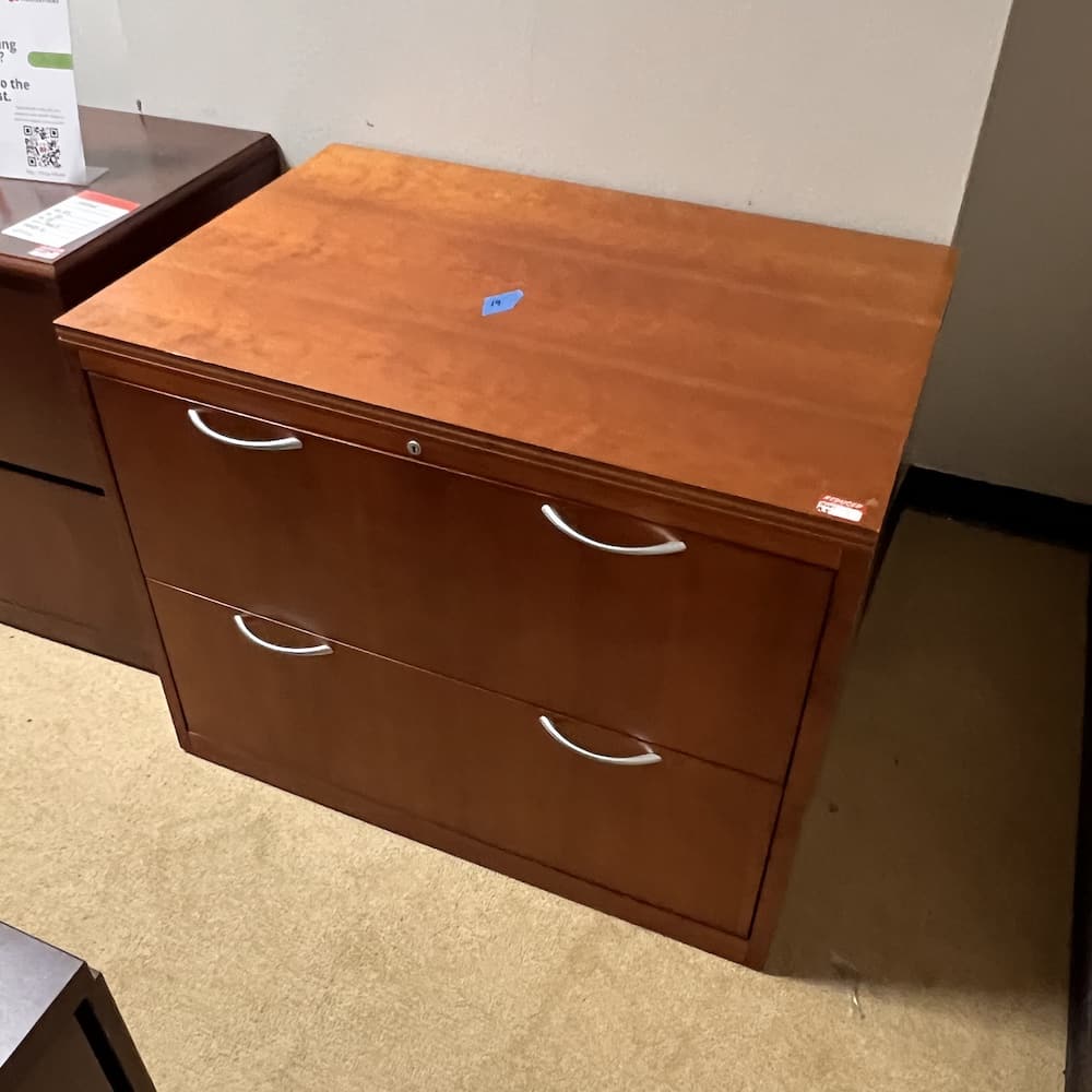 cherry veneer wood 2 drawer lateral file cabinet, used office furniture