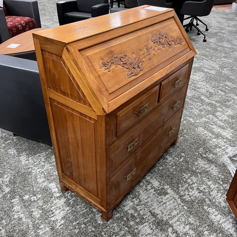 cherry teak secretary drop down desk, Chinese dragon chiseled, carved, 4 drawers, used office furniture