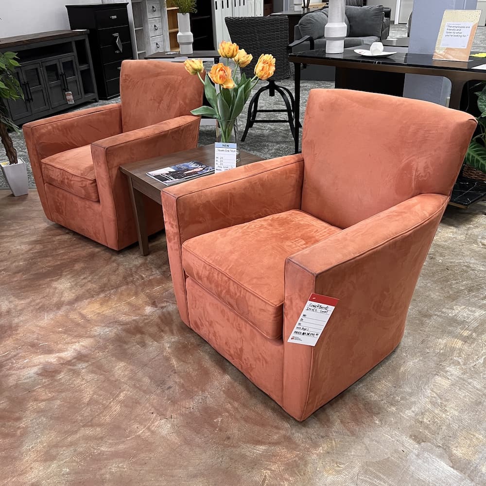 pink orange coral upholstered lounge chairs, swivel, used furniture crate and barrel
