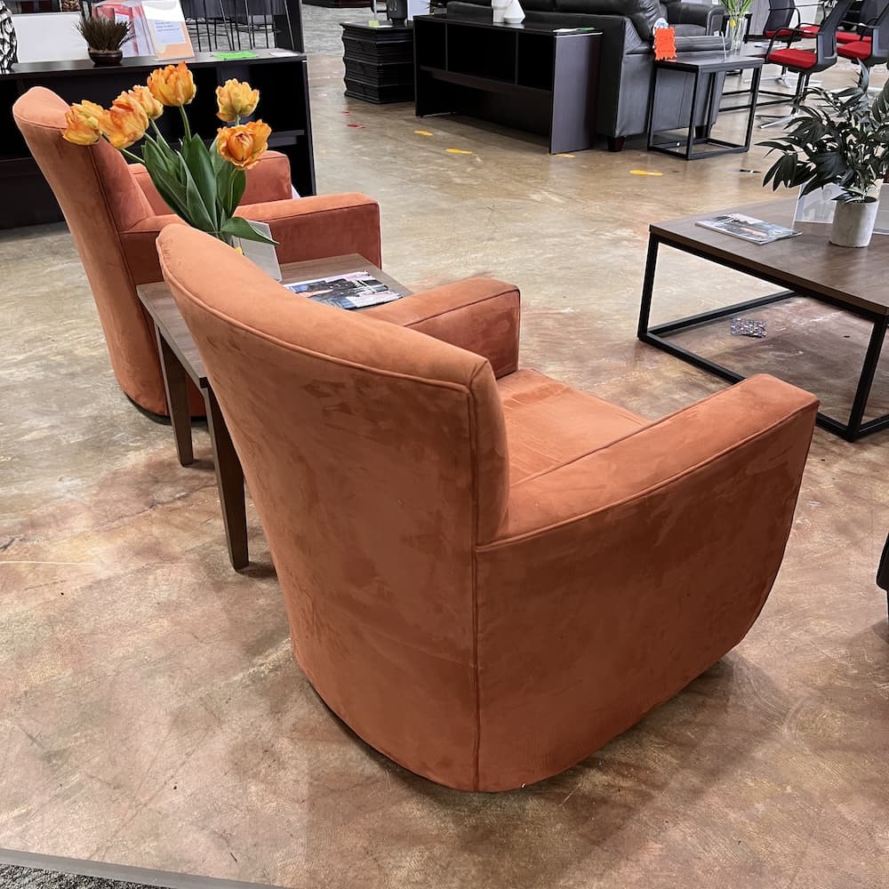 pink orange coral upholstered lounge chairs, swivel, used furniture crate and barrel