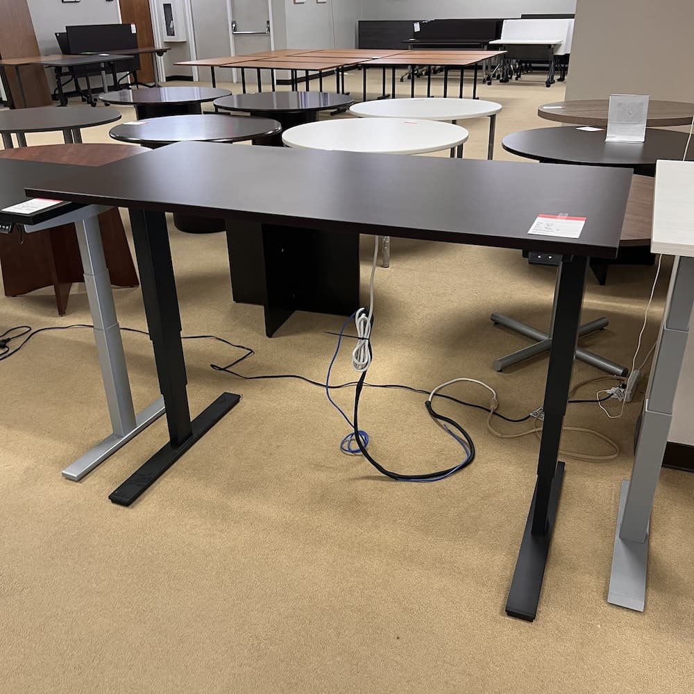 espresso laminate desk electric standing height adjustable, used office furniture, black base