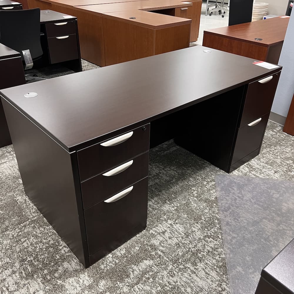 espresso laminate desk with double pedestal and silver pulls office furniture used