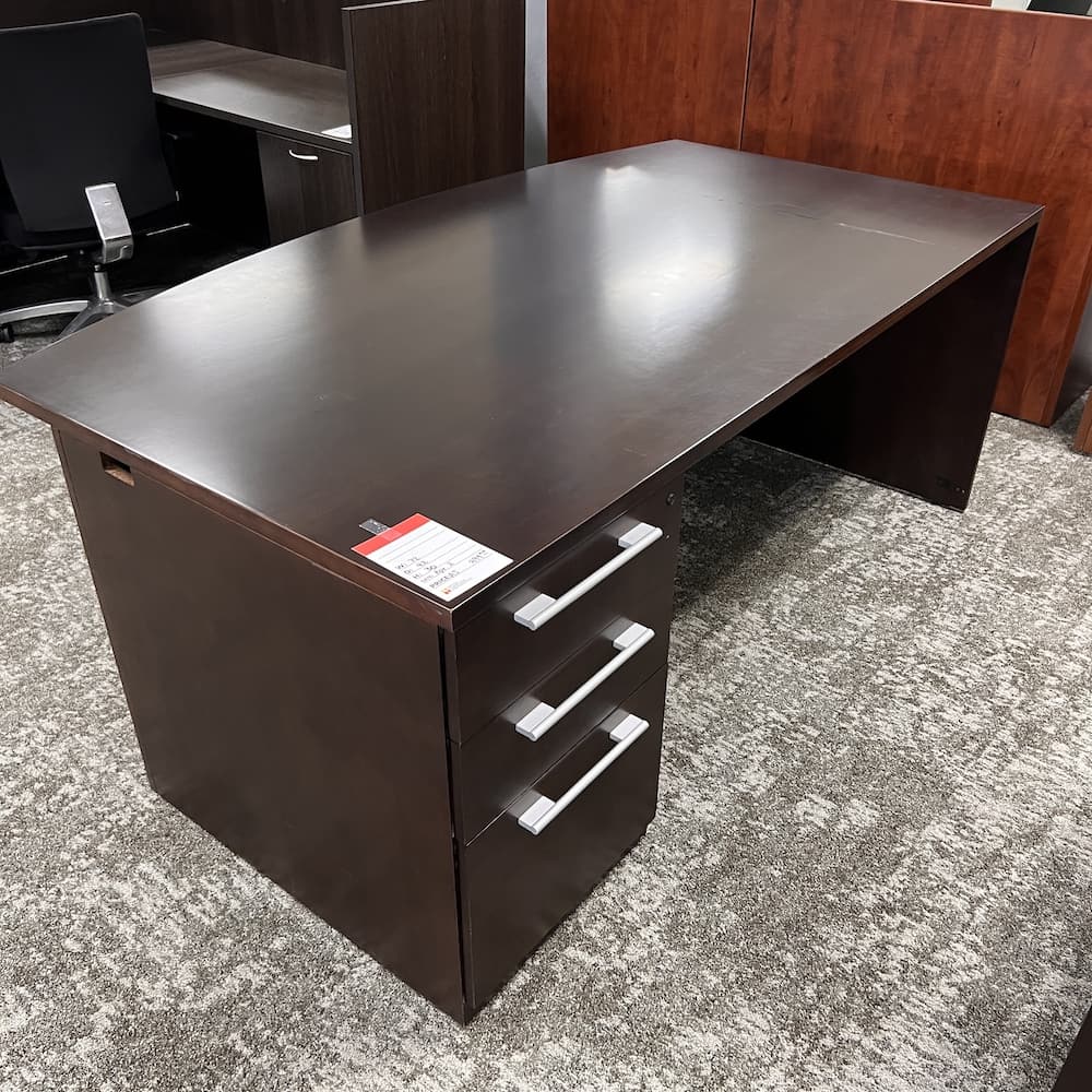 espresso veneer desk bow front with box box file, silver pulls, used office furniture