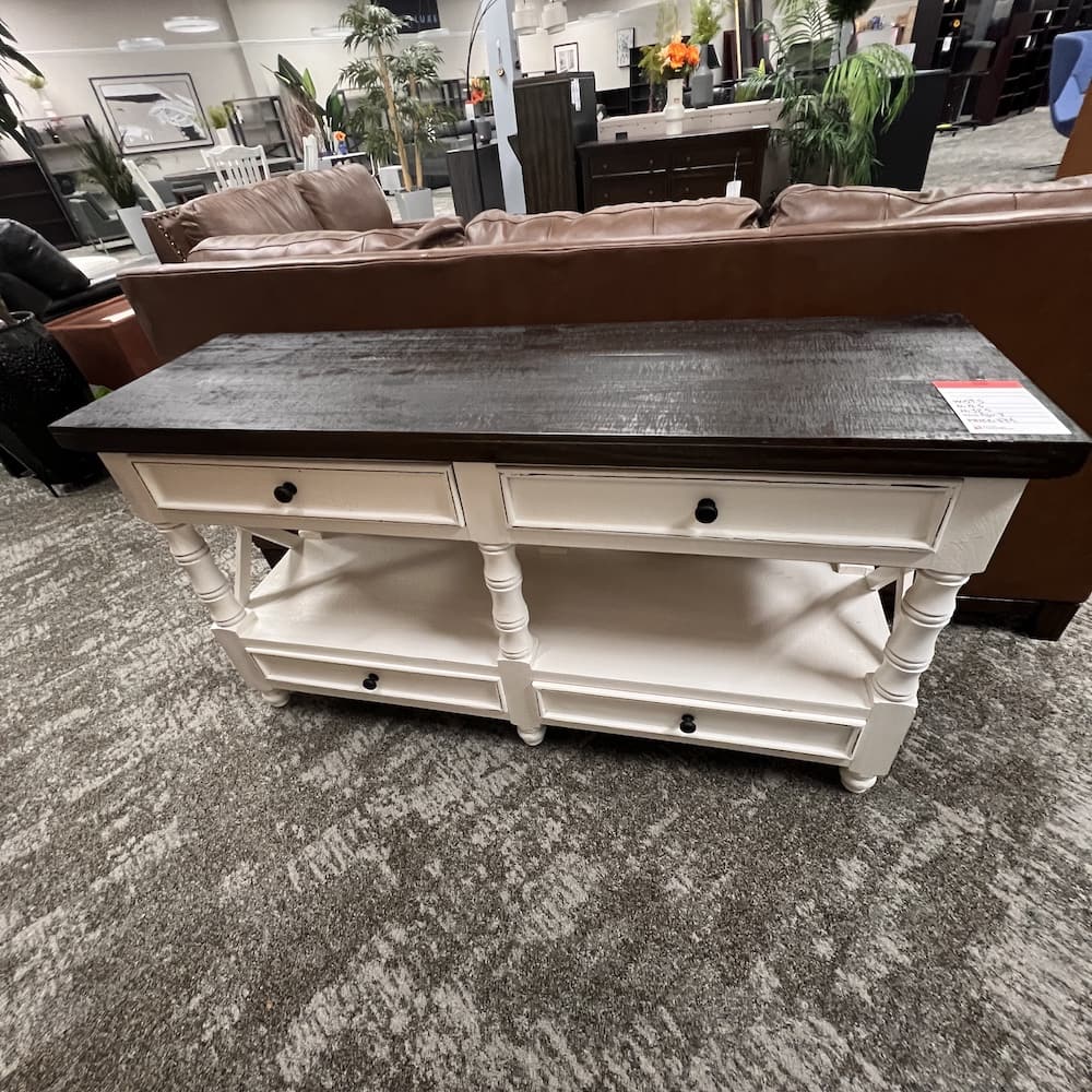 espresso white rustic imports console table, used open box scratch n dent home furniture
