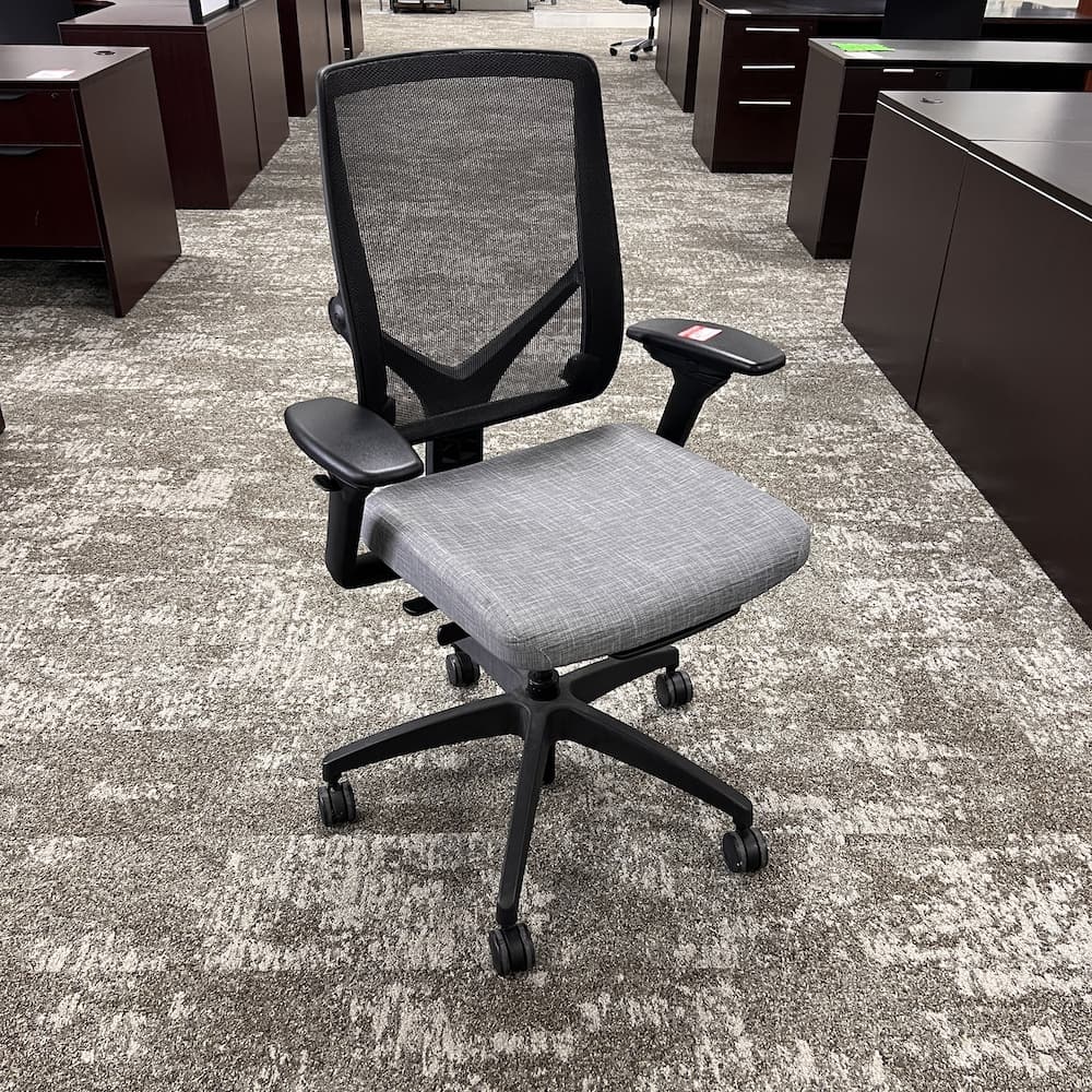 grey mesh back and grey upholstered seat task chair, allsteel relate, used office furniture