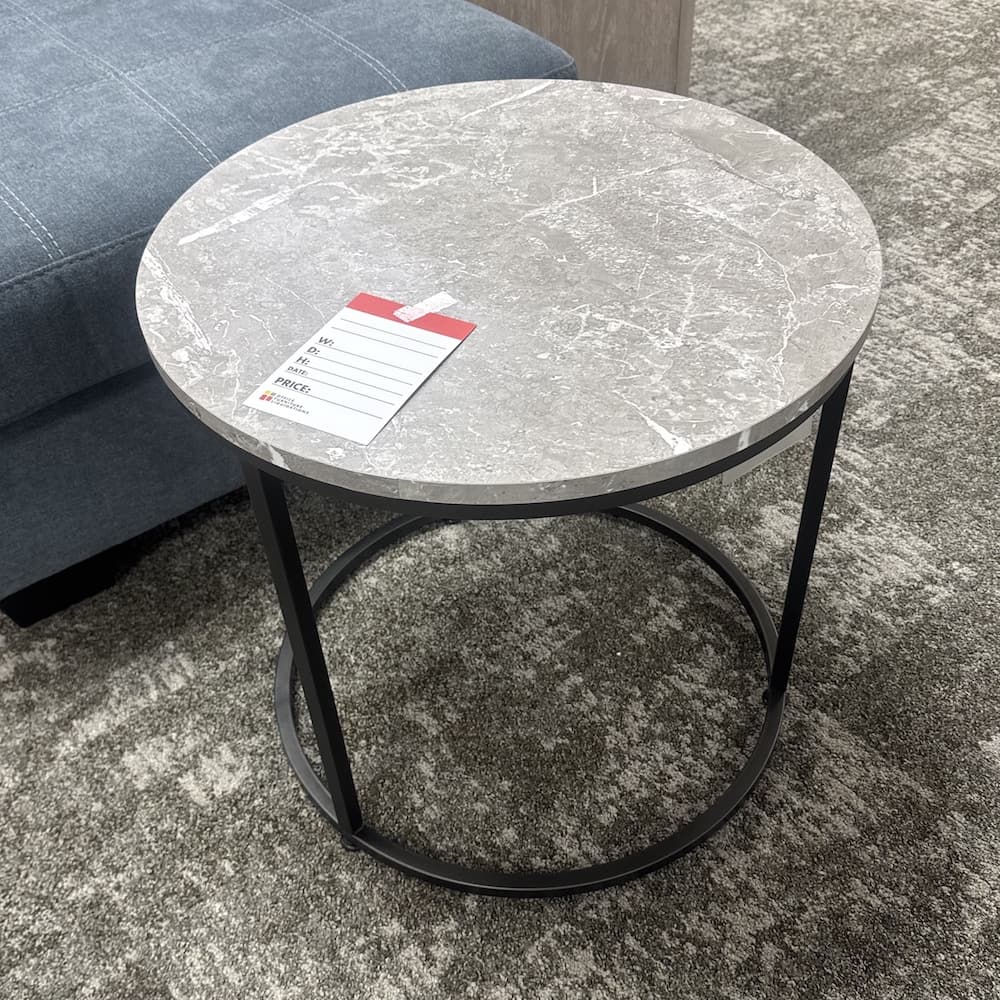 grey laminate faux marble side table, round with black metal base, coaster furniture, open box furniture