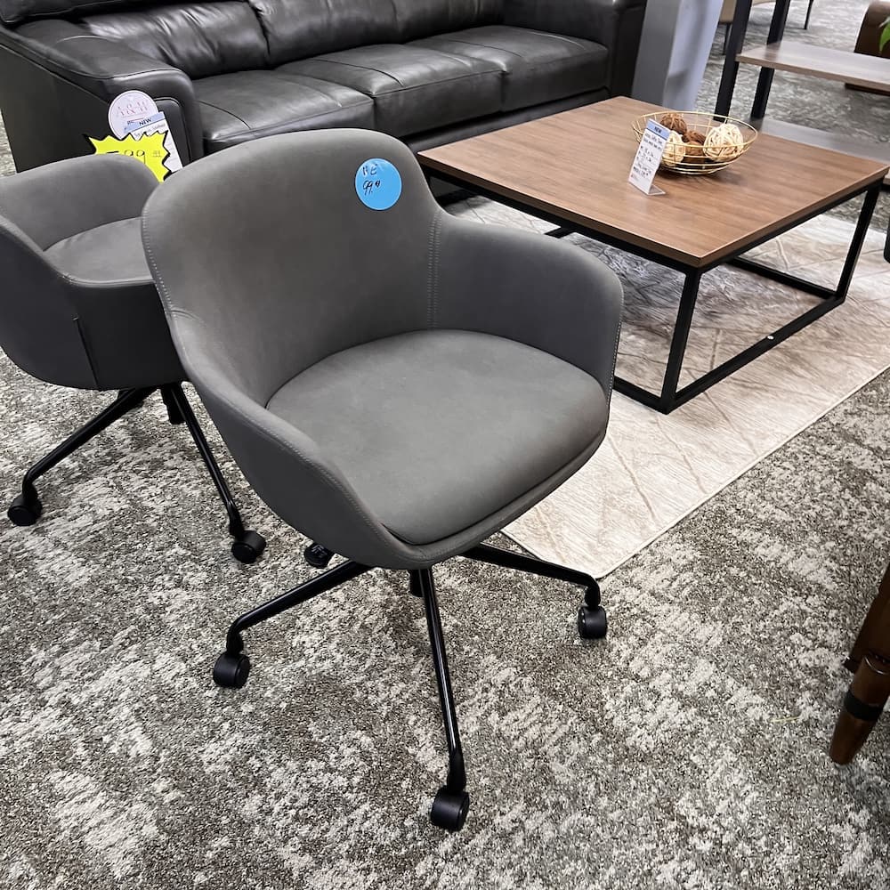 grey bucket swivel chair with black legs, open box furniture office home