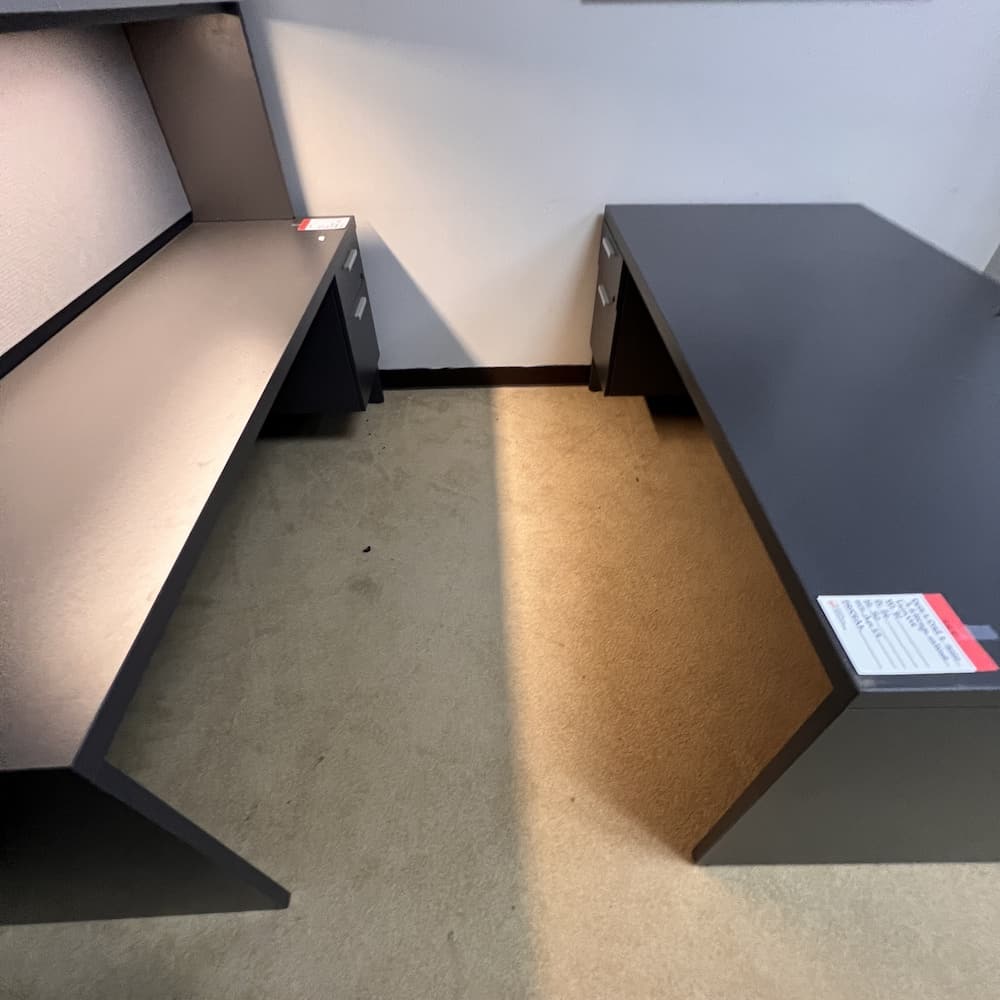 grey flat laminate desk set, used office furniture, lacasse, desk, credenza, storage cabinet, round break room table