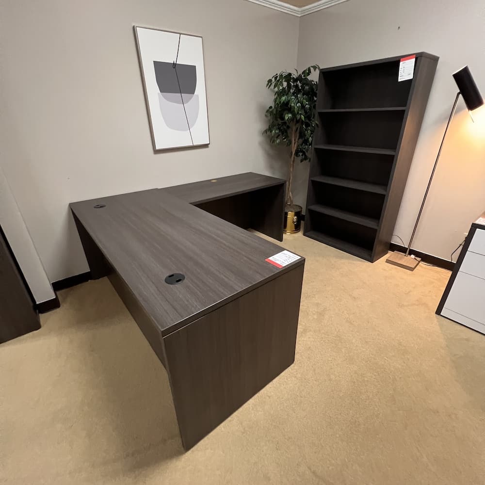 grey laminate l-desk right return with bookcase, hon used office furniture
