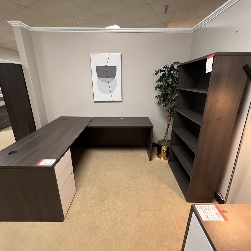 grey laminate l-desk right return with bookcase, hon used office furniture