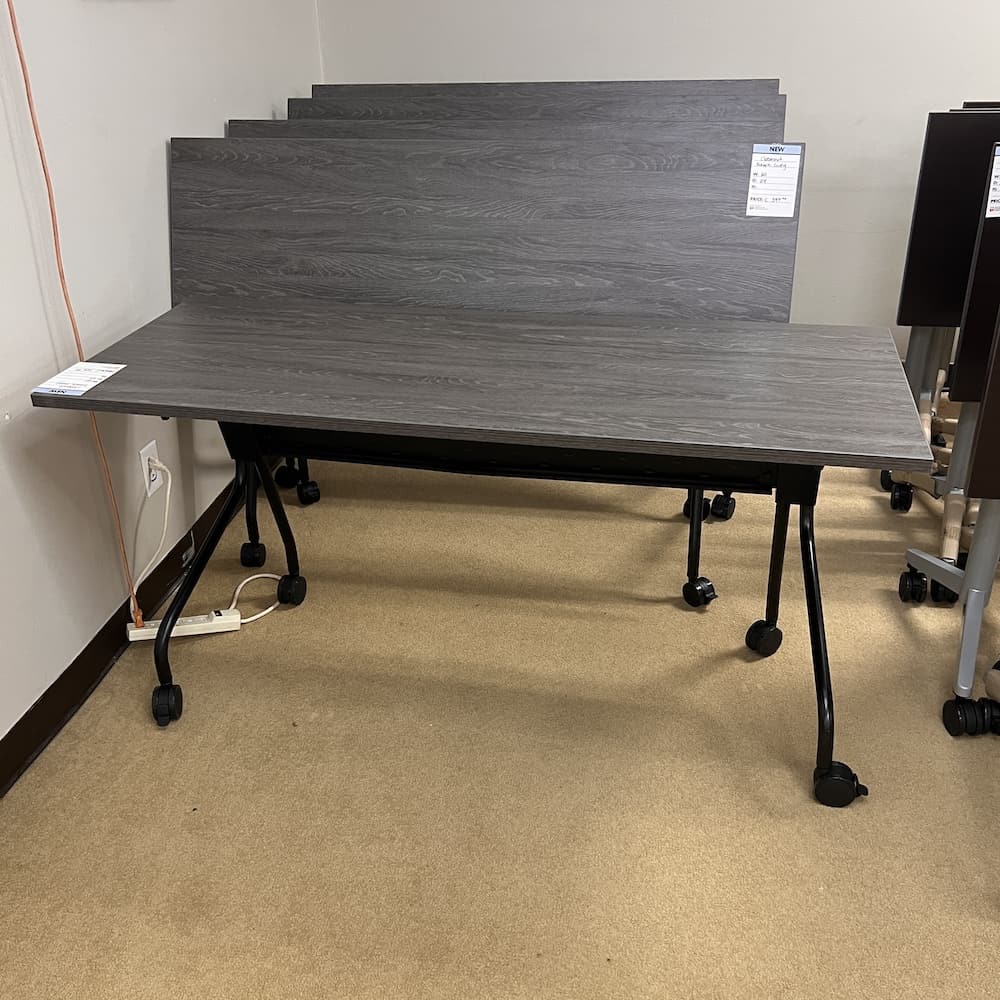 60 x 24 grey laminate training table, rolling black legs, open box office furniture
