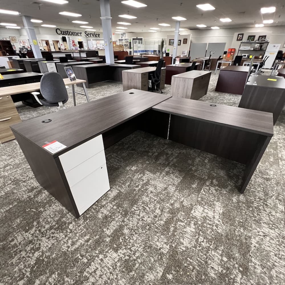 hon grey laminate l-desk with white box box file drawers, used office furniture