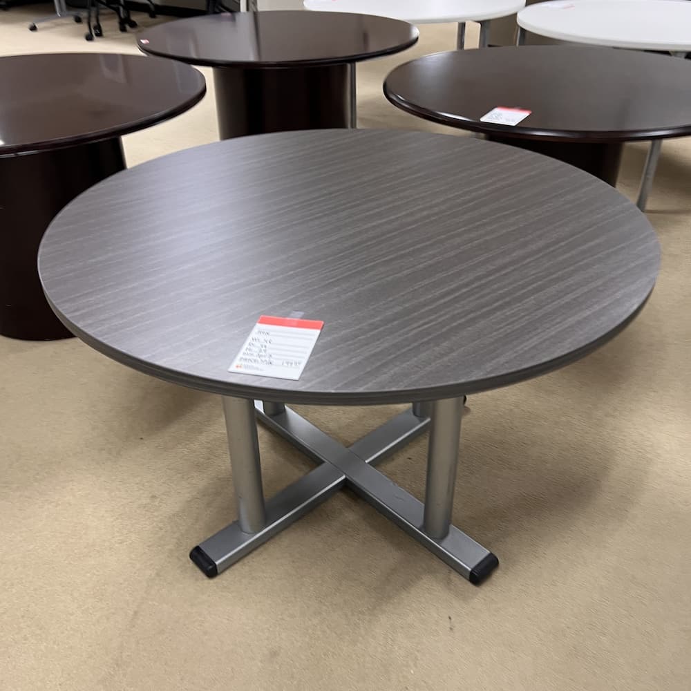 grey hon laminate break room table with grey metal base, 48, used office furniture