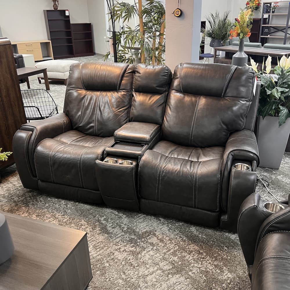 Bartlet leather grey sofa set of a 2 seater and a 3 seater, power reclining, cup holders, used furniture
