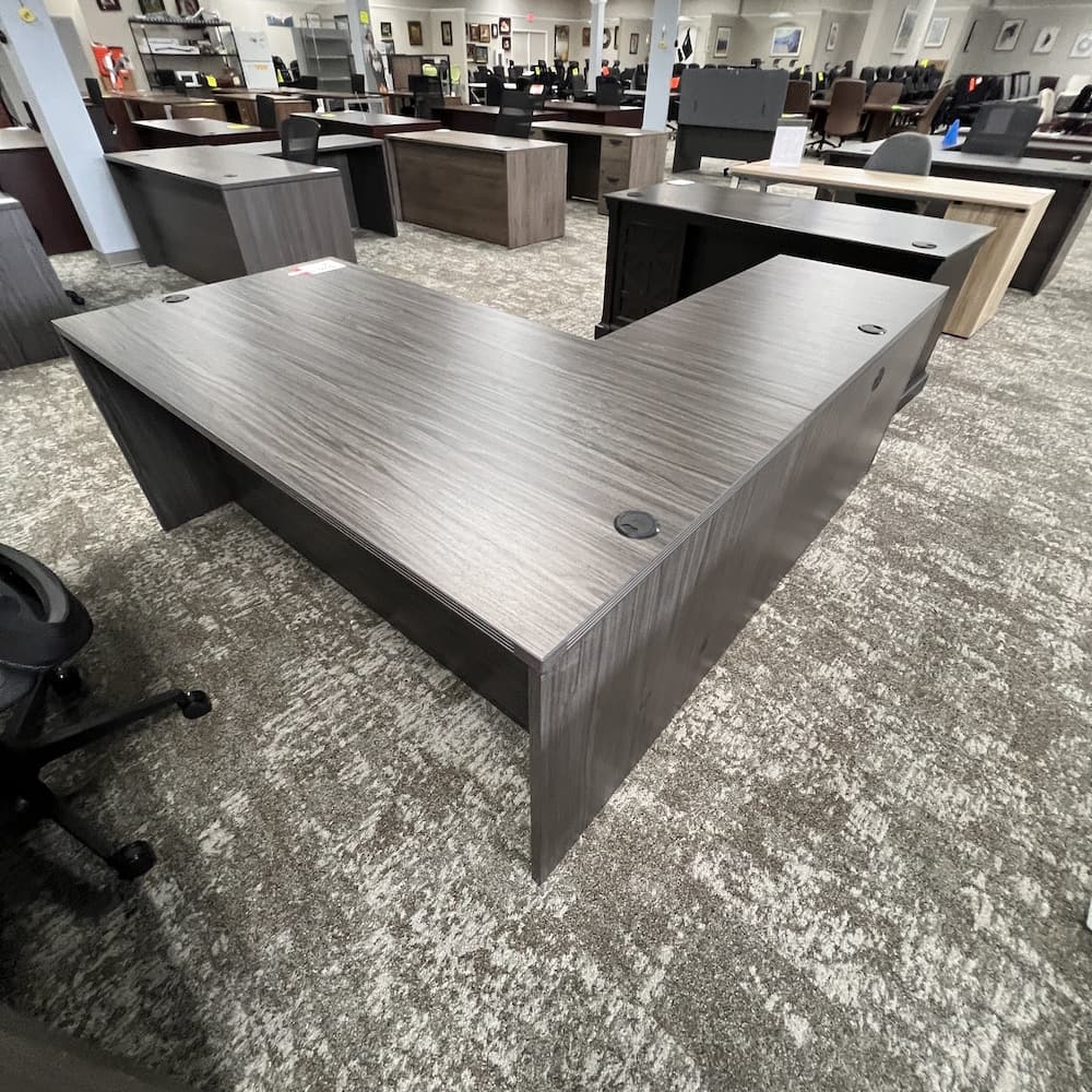 Office Source Products grey laminate l-desk, left return, used office furniture