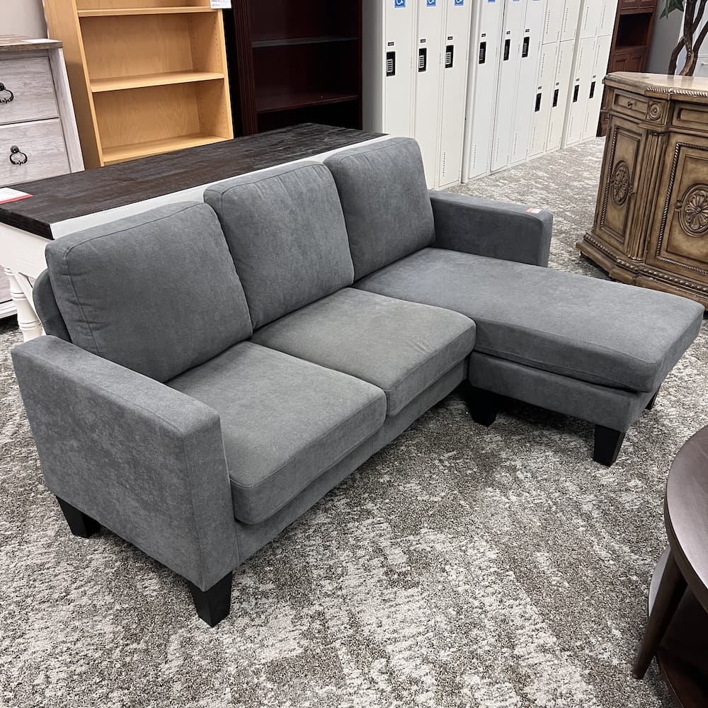 grey upholstered small l shaped sofa with moveable chaise, used home furniture, kids furniture small