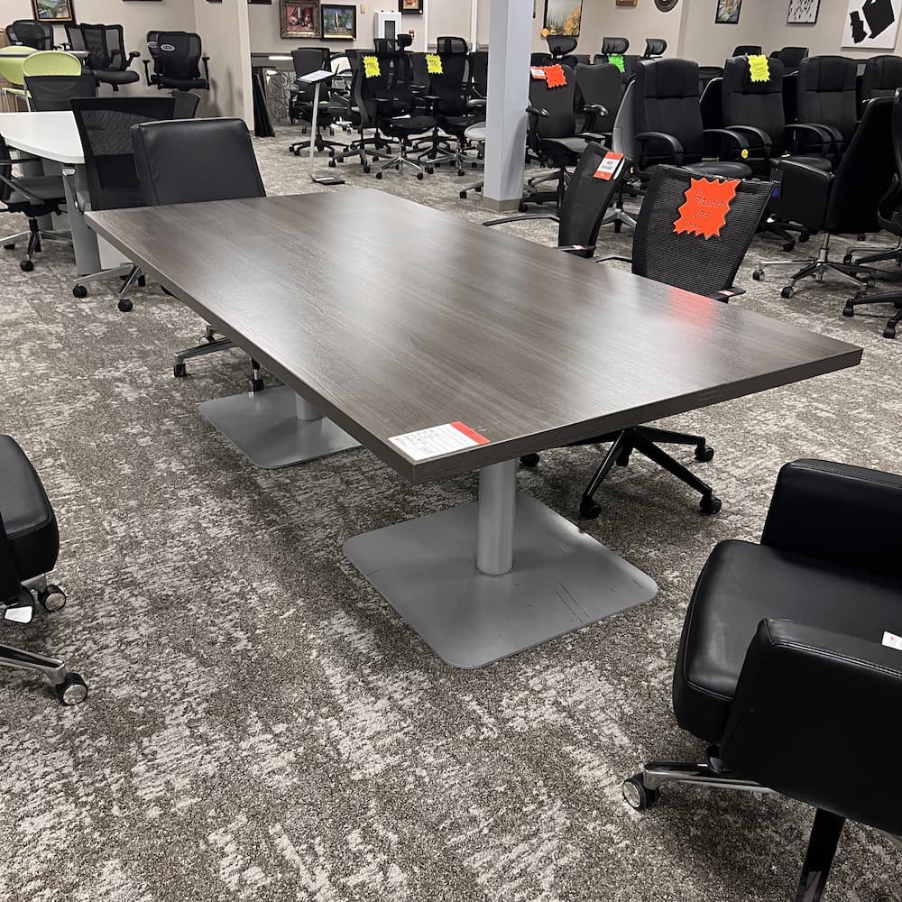 grey laminate 8 ft conference table, rectangle, metal base. Used office furniture