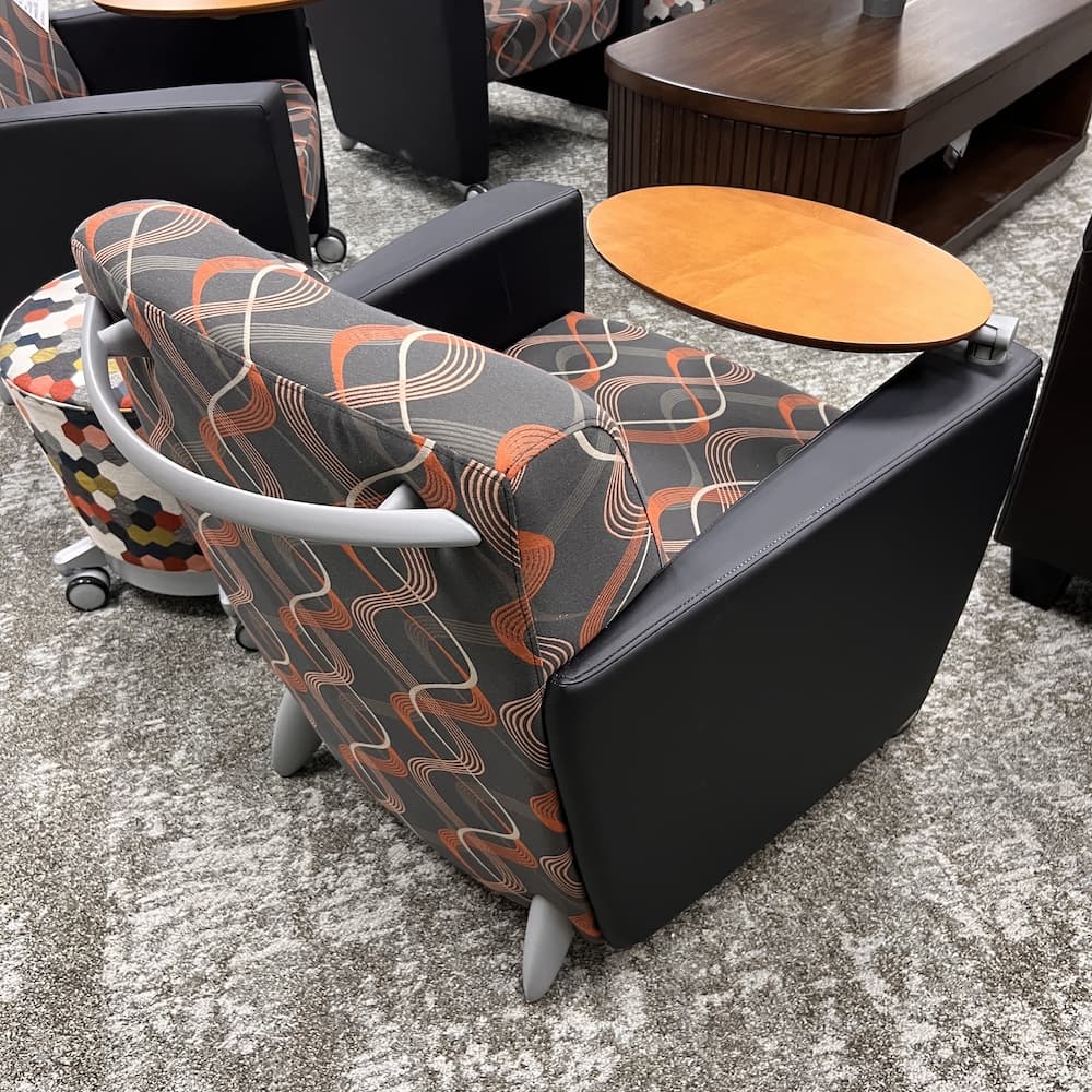 grey and red with cherry tablet table, rolling tablet chair, haworth todo office chair, lounge seating, used office furniture