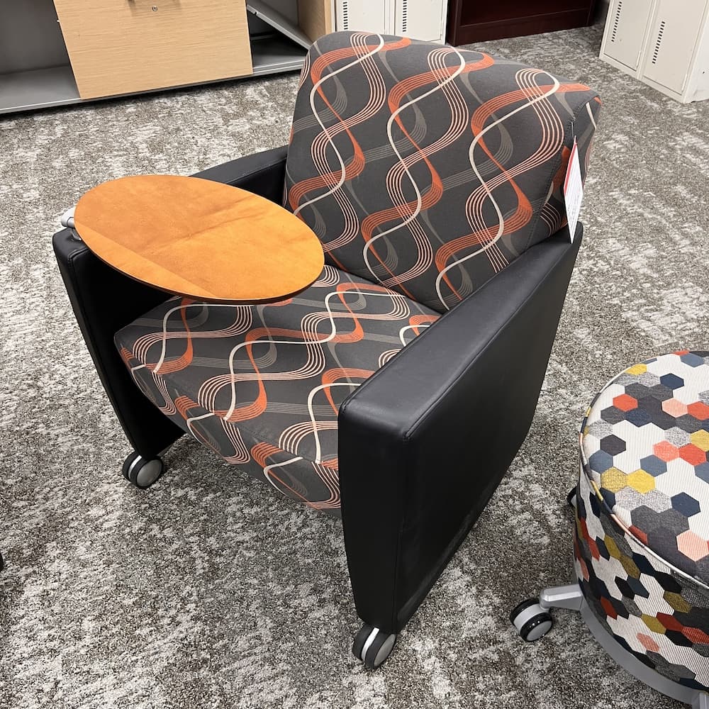 grey and red with cherry tablet table, rolling tablet chair, haworth todo office chair, lounge seating, used office furniture