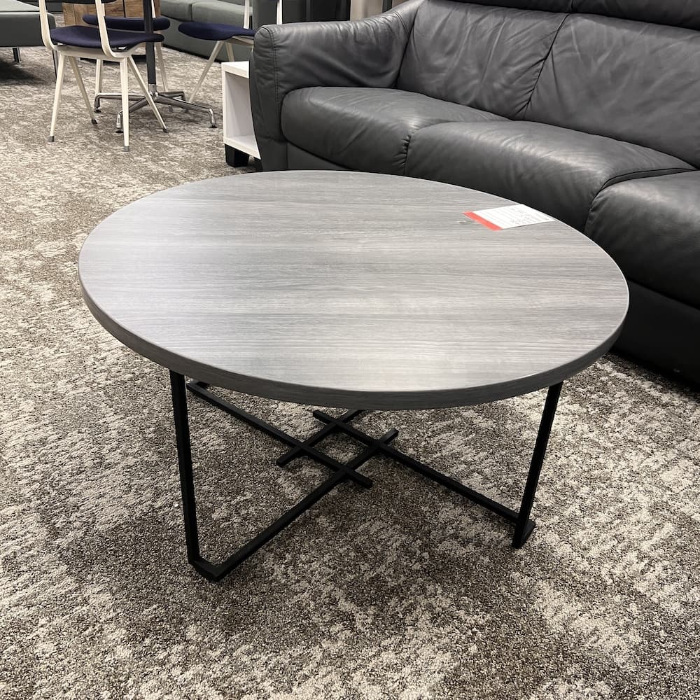 36" grey laminate round coffee table with black metal base