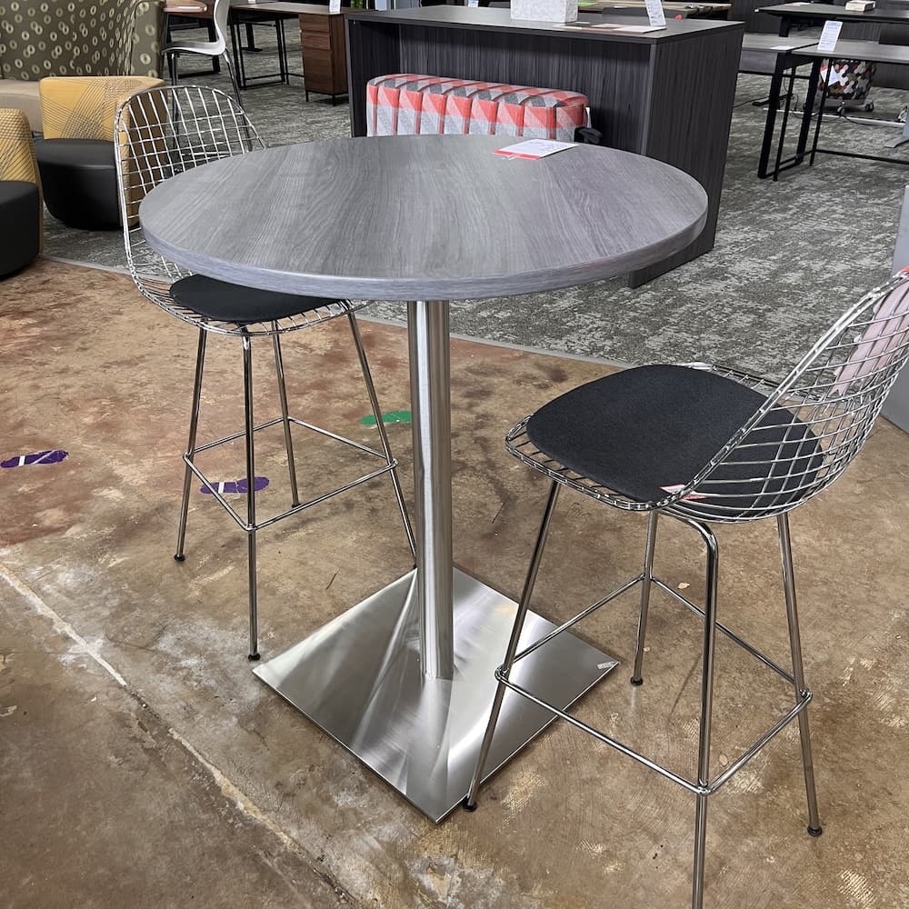 grey laminate pub table with metal base, 36" tall, open box office furniture, restaurant
