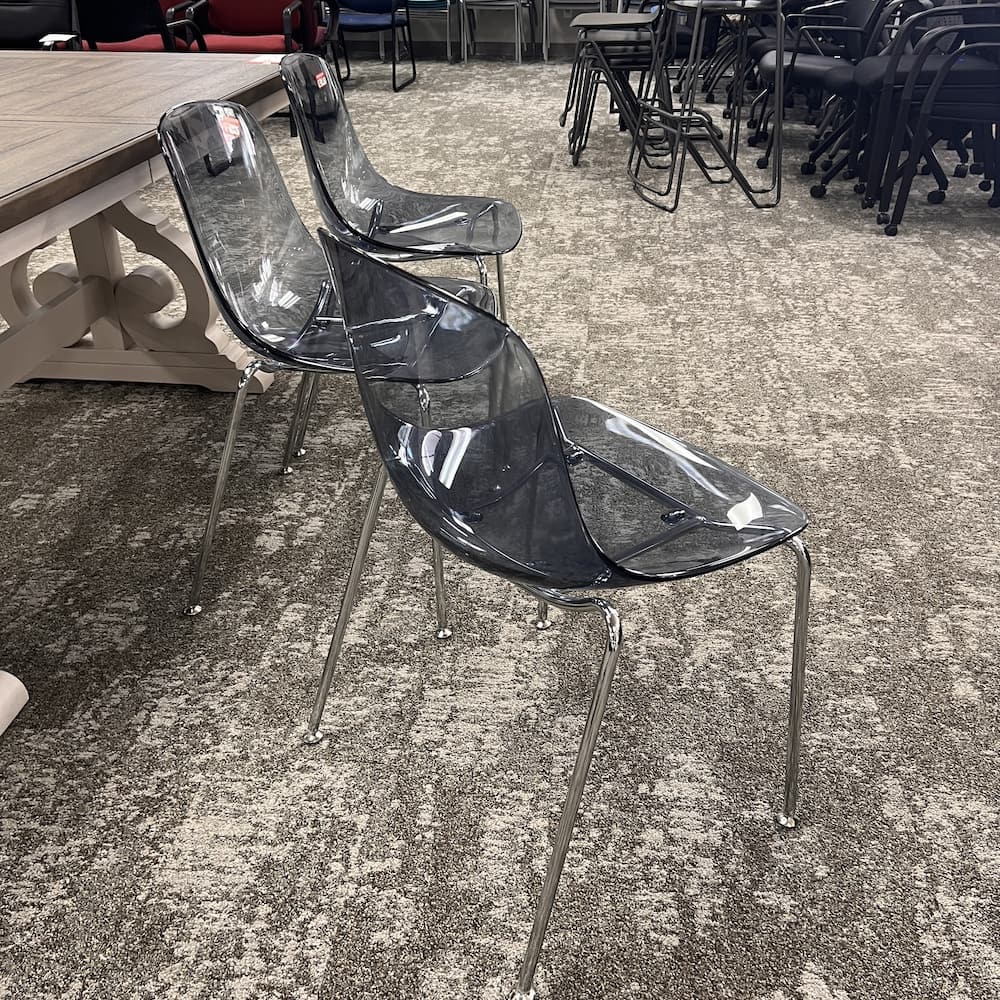 Grey translucent Vienna chairs, set of 3, plastic stacking, used office chairs