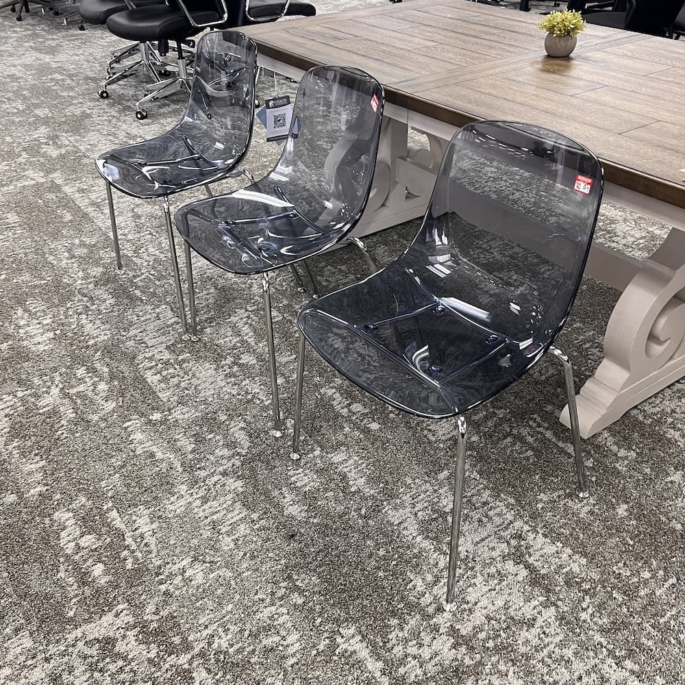 Grey translucent Vienna chairs, set of 3, plastic stacking, used office chairs