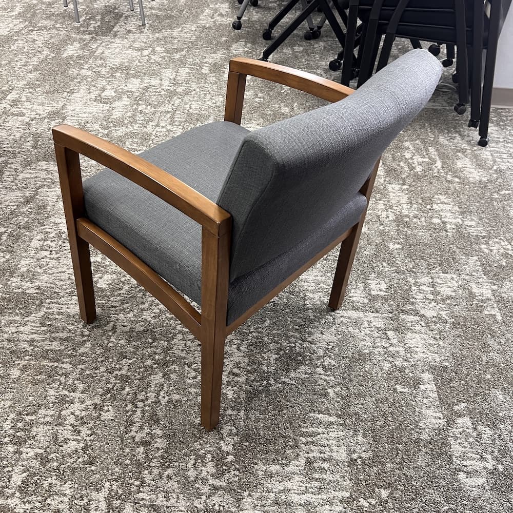 grey upholstery with walnut veneer wood frame, guest chair office furniture, closeout new