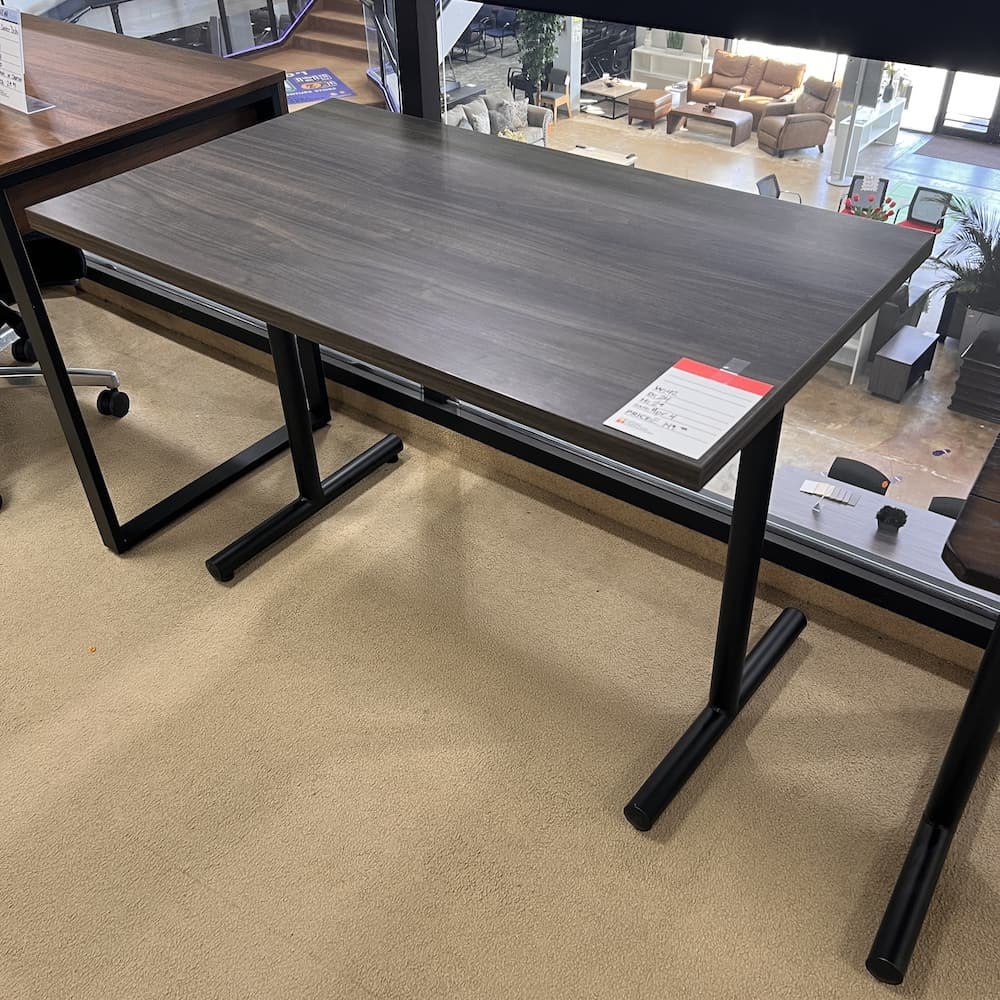 grey walnut laminate table desk with black metal base, small desk, used office furniture