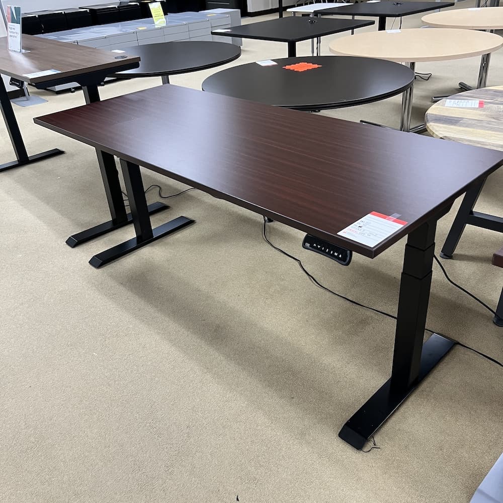 mahogany 72x30 desk with black base, height adjustable, open box office furniture