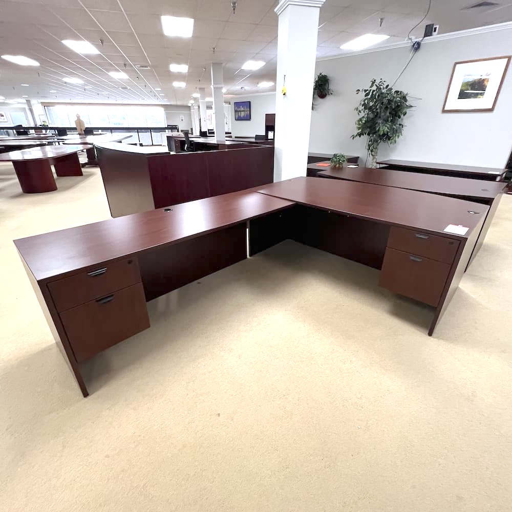 mahogany l-desk left -return, bow front, double hanging box/file, used office furniture