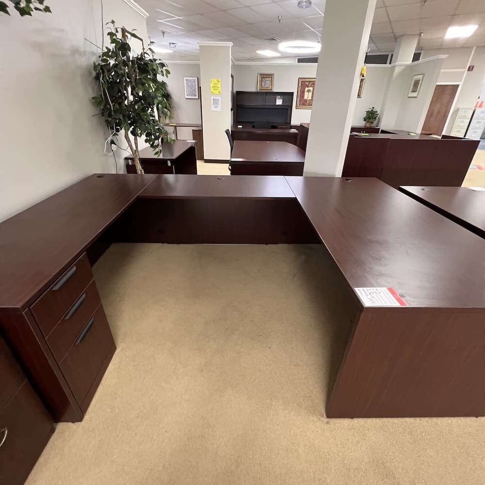 mahogany u-desk, left return, laminate, used office furniture
