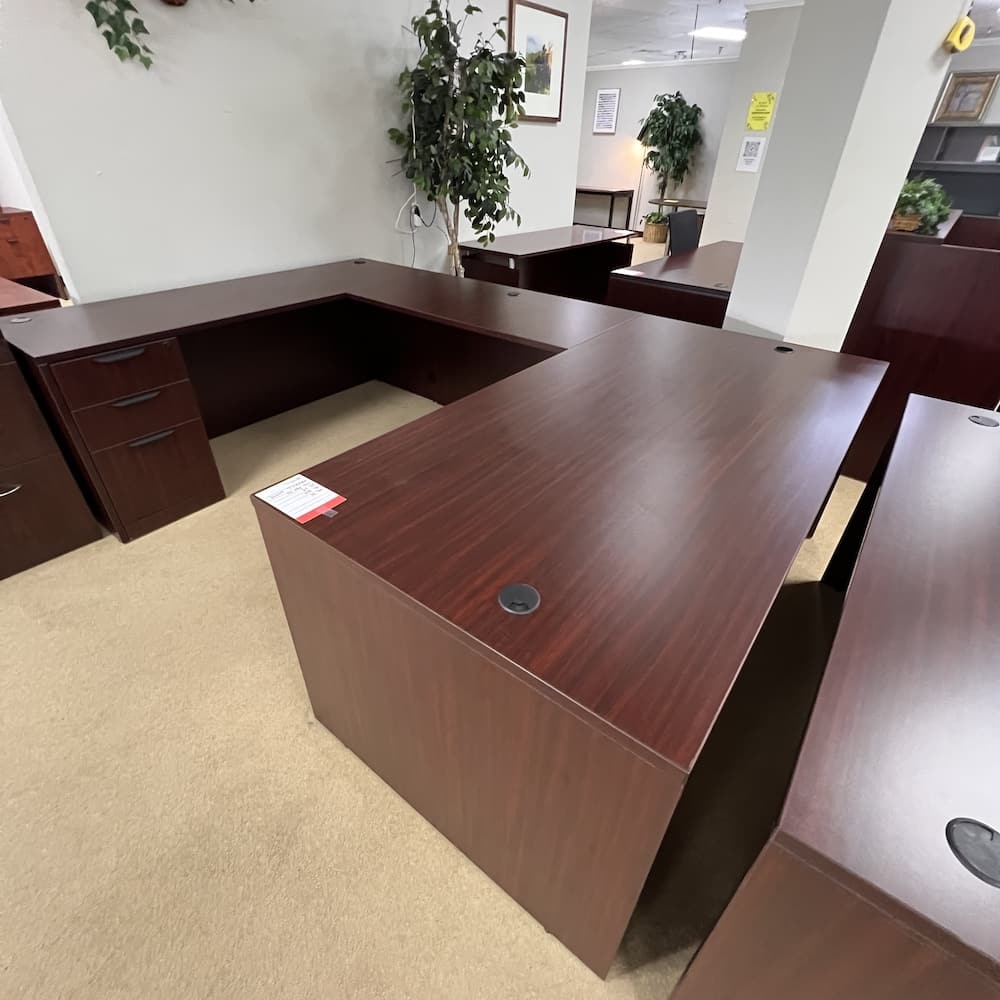mahogany u-desk, left return, laminate, used office furniture