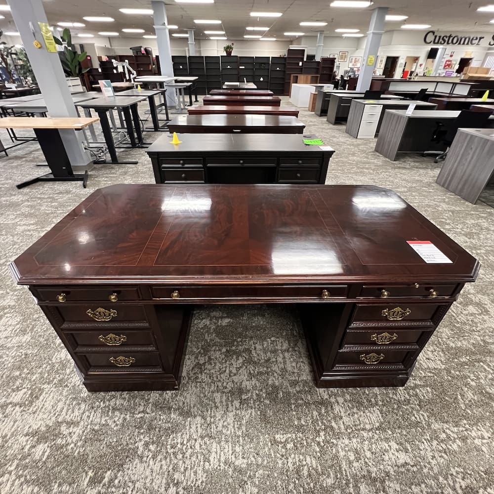 hekman mahogany veneer executive desk with double pedestals, used office furniture