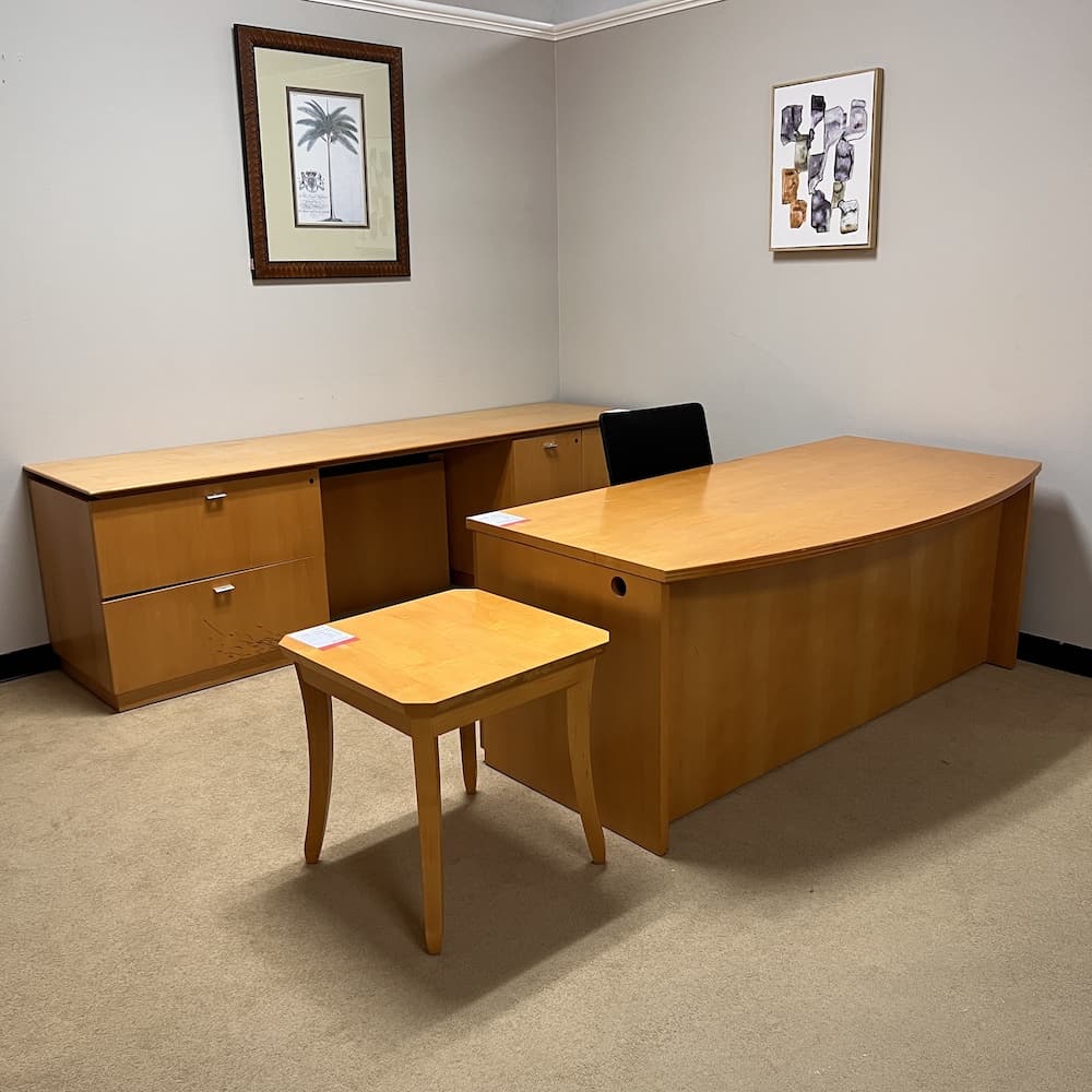 maple veneer bow front desk set with credenza, side table, 2 drawer lateral. Used office furniture, national furniture brand