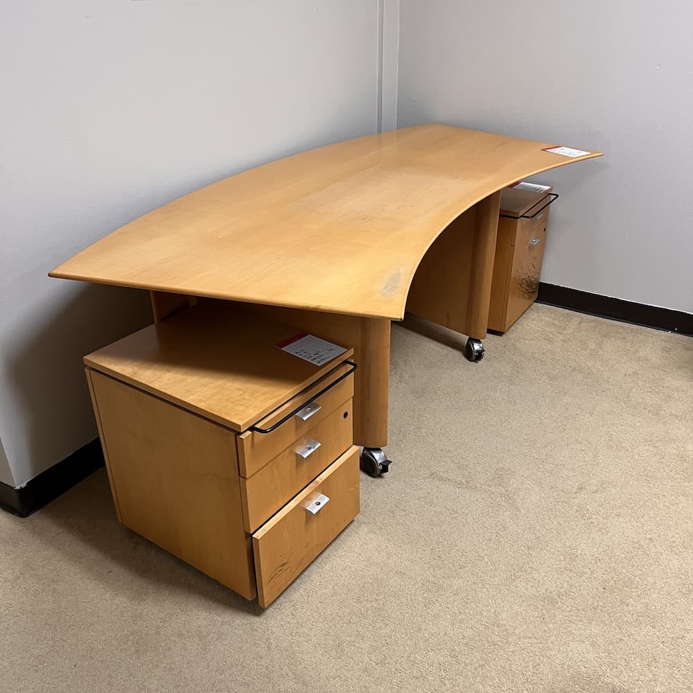 maple veneer desk table rolling with two rolling box box files, used office furniture, national furniture brand