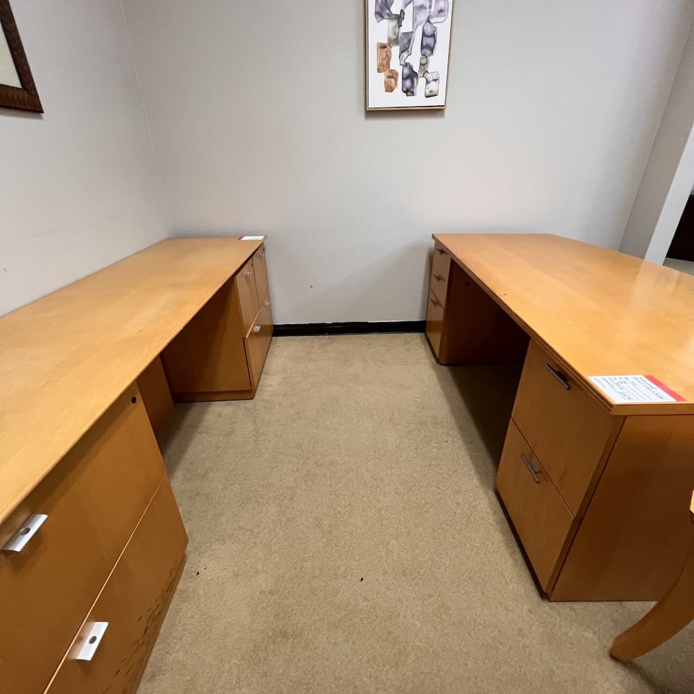 maple veneer bow front desk set with credenza, side table, 2 drawer lateral. Used office furniture, national furniture brand