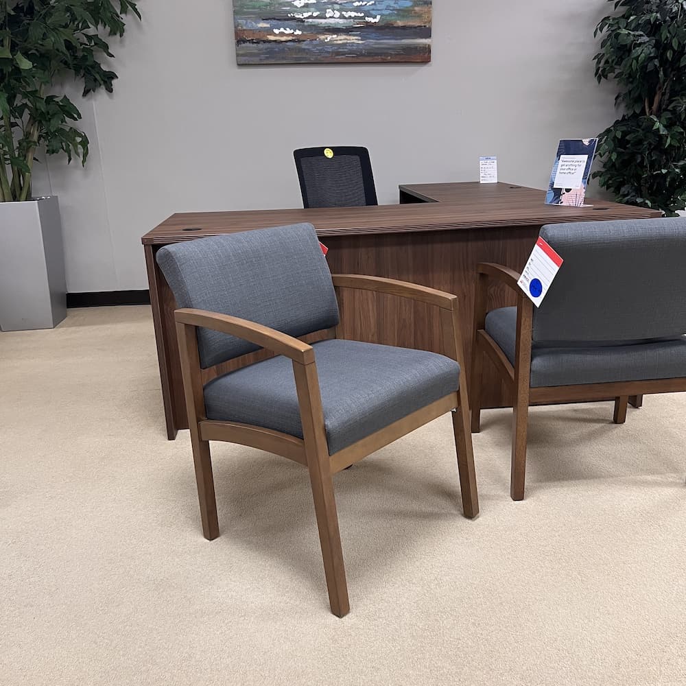 grey upholstery with walnut veneer wood frame, guest chair office furniture, closeout new