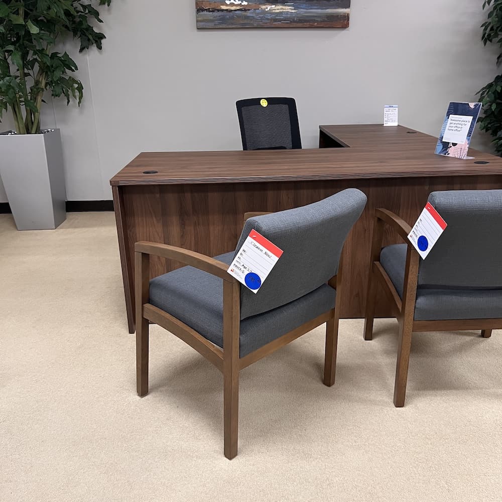 grey upholstery with walnut veneer wood frame, guest chair office furniture, closeout new