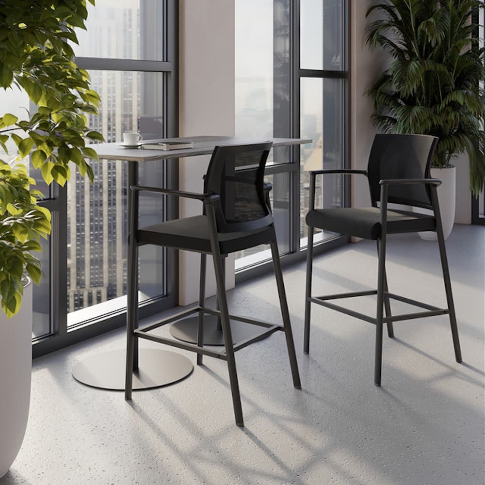 new Oslo office stool, bar height, black upholstery with black mesh back, new office furniture, collaboration table