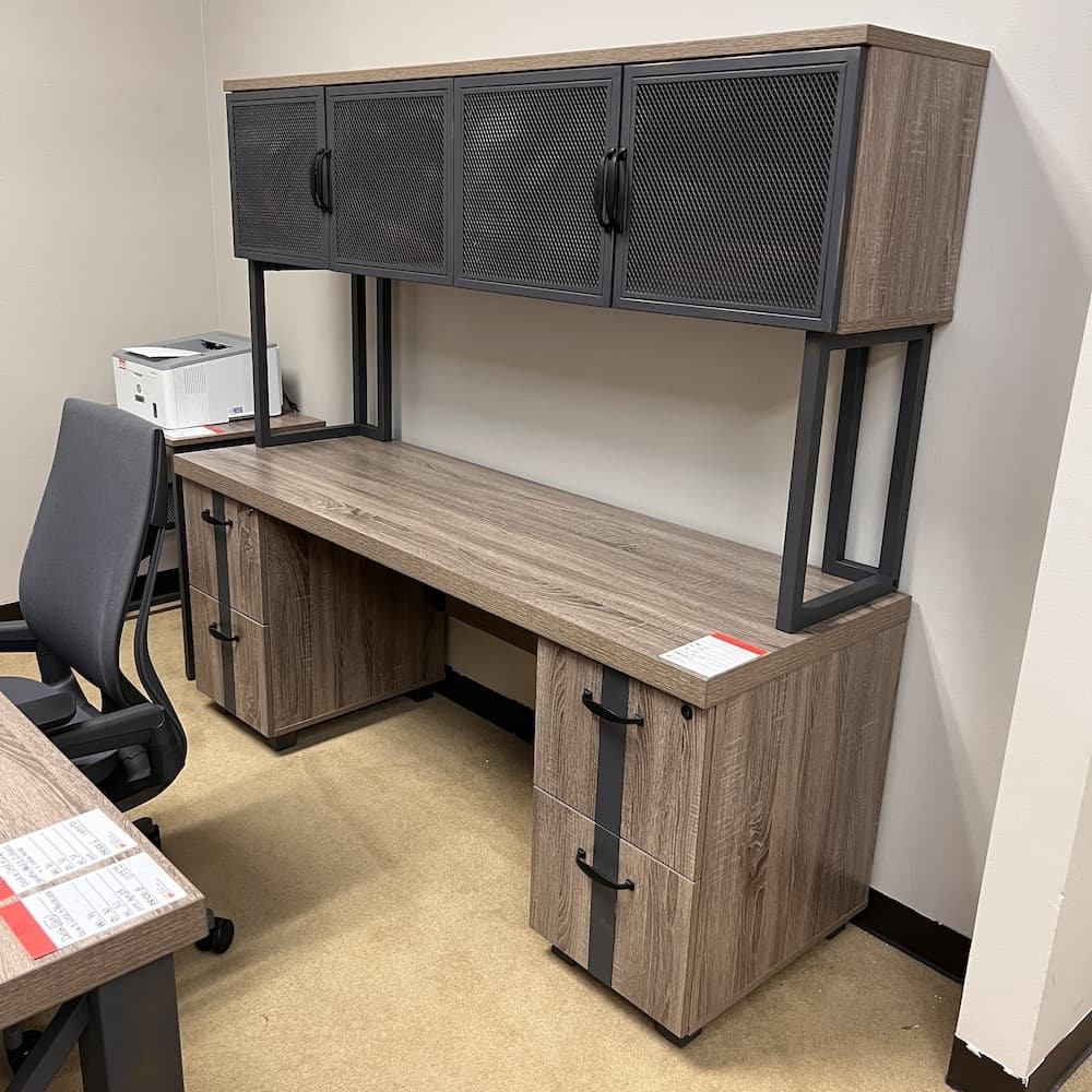 riveted collection desk set, walnut laminate and grey metal frame. open box furniture, used office furniture