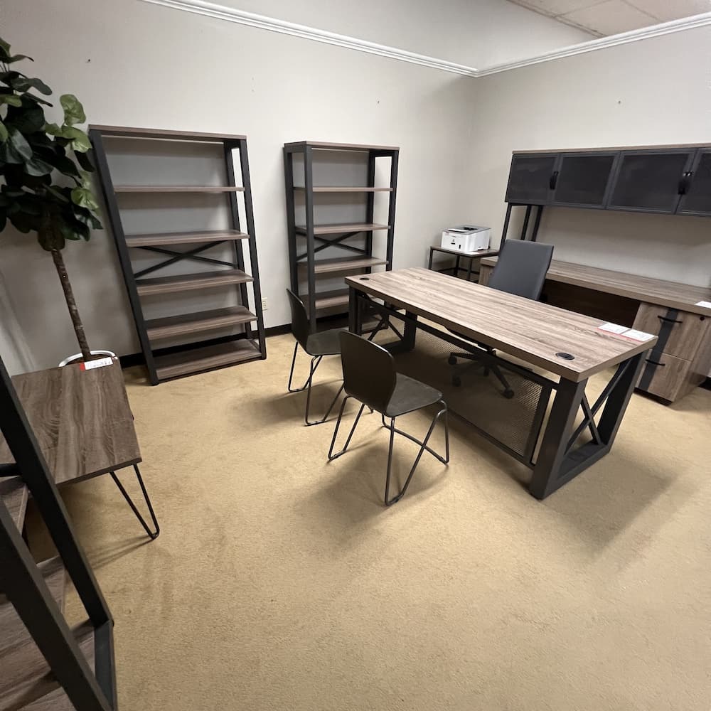 riveted collection desk set, walnut laminate and grey metal frame. open box furniture, used office furniture