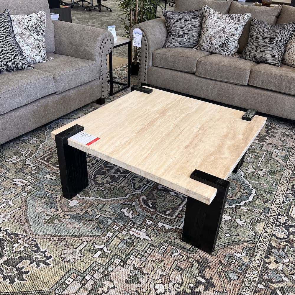 square travertine coffee table, square, with black legs, open box scratch n dent furniture