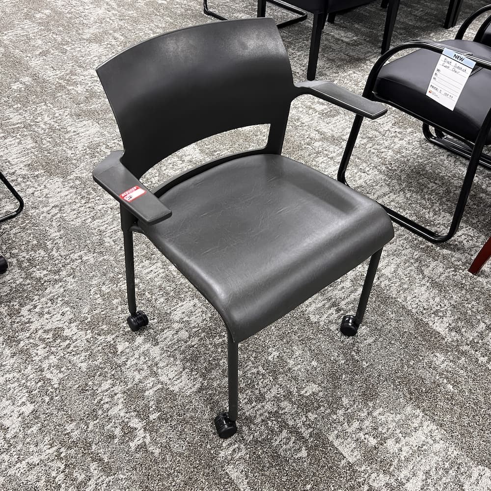 steelcase move taupe with arms, rolling mobile stacking chair, vinyl seat, used office furniture