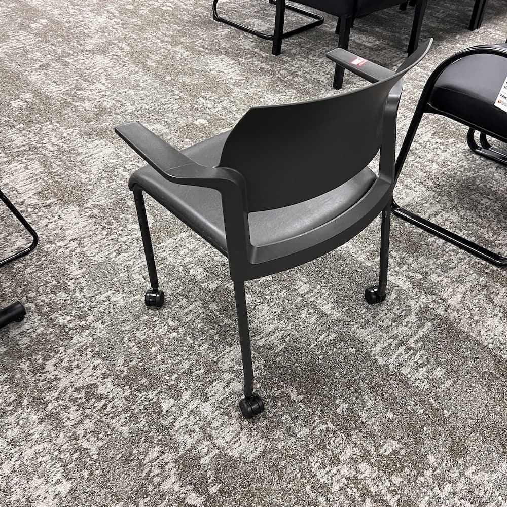 steelcase move taupe with arms, rolling mobile stacking chair, vinyl seat, used office furniture
