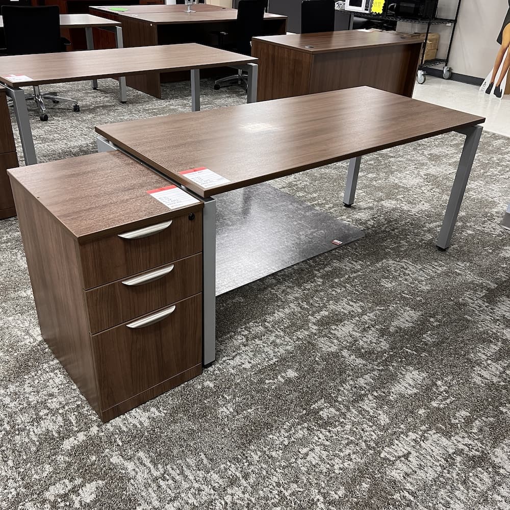walnut laminate table desk with grey metal legs and rolling laminate box box file, used office furniture