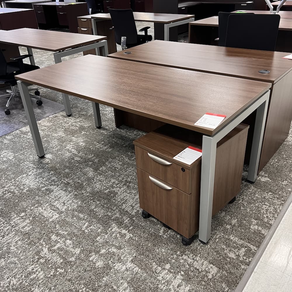 walnut laminate table desk with rolling box/file, silver accents, used office furniture