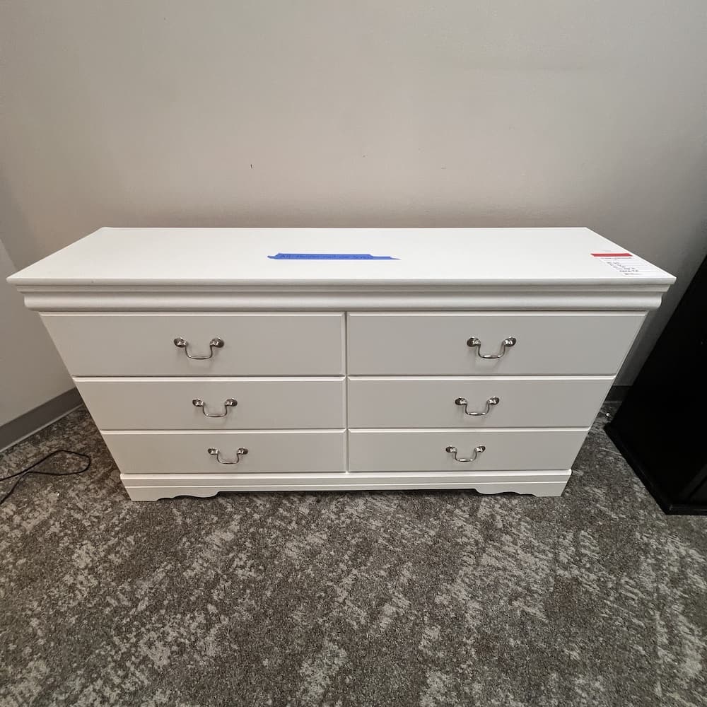 white 6 drawer dresser by Ashley furniture, silver handles, scratch n dent home furniture