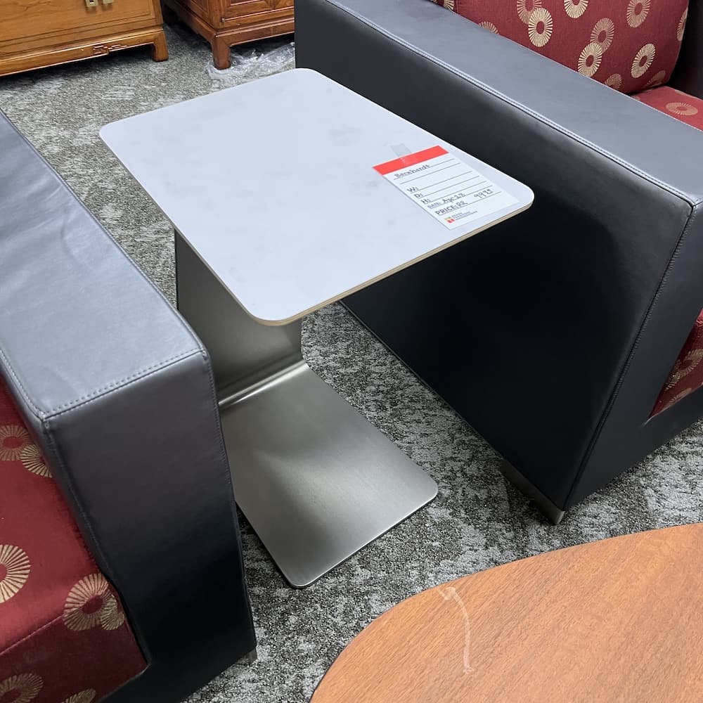 Bernhardt white occasional table side with brushed metal base, c-shape, used office furniture