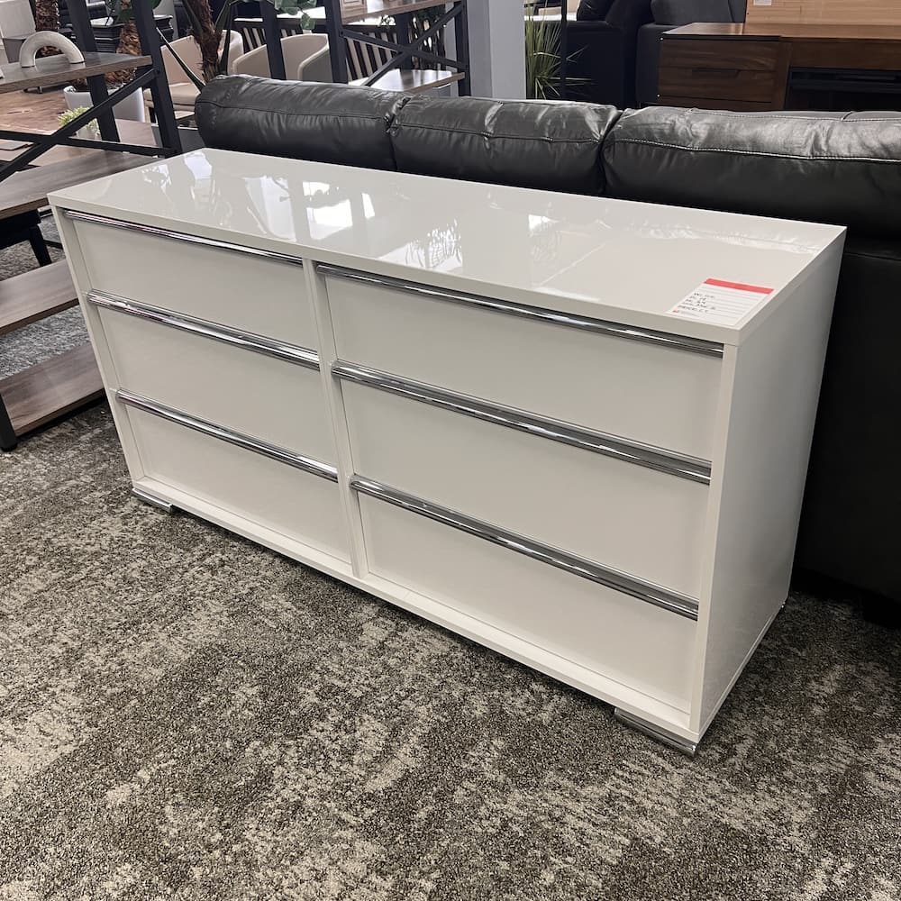 glossy white 6 drawer dresser with silver accents, used and open box home furniture